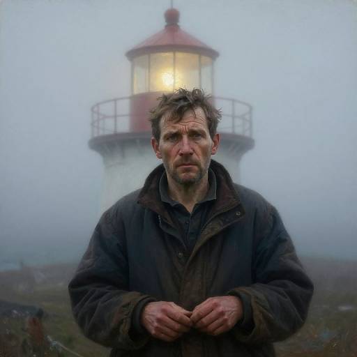 Photograph of a rugged, bearded man in a dark jacket standing in front of a foggy lighthouse with a glowing light.