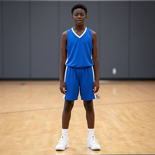 Photograph of a young African-American boy standing on a basketball court, wearing a blue sleeveless basketball jersey, matching shorts, white socks, and white
