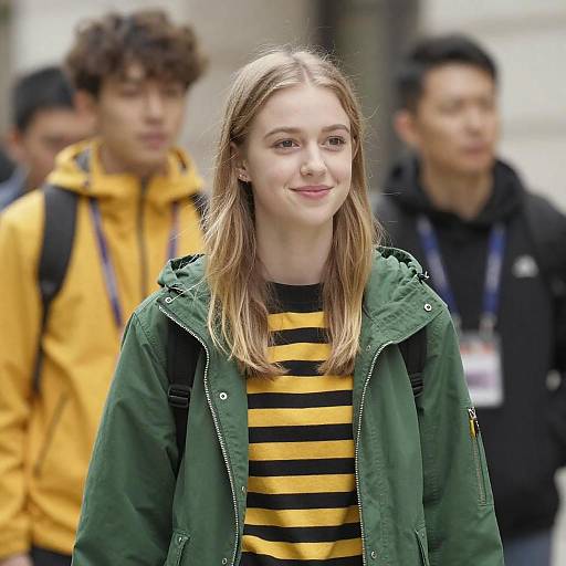 Photograph of a young Caucasian woman with light brown hair, green jacket, yellow and black striped shirt, smiling slightly, standing in front of blurred,