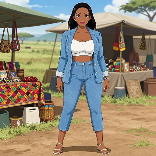 Digital illustration of a dark-skinned woman with black hair, wearing a white crop top, blue jacket, and high-waisted jeans, standing in