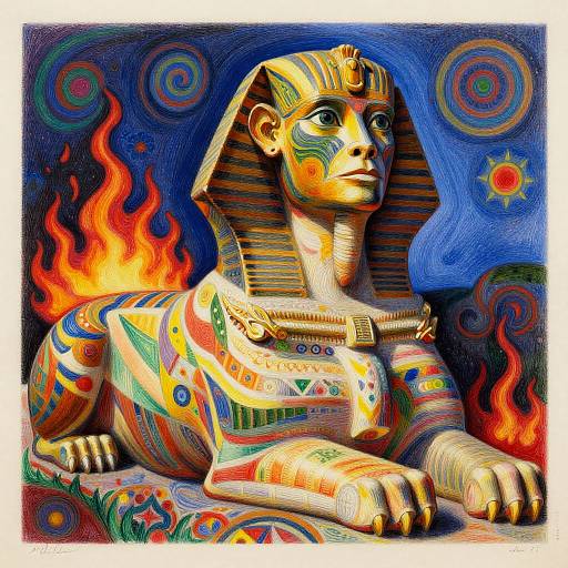 Vibrant digital artwork of a colorful, stylized Anubis statue with Egyptian motifs, surrounded by fiery flames and swirling patterns.