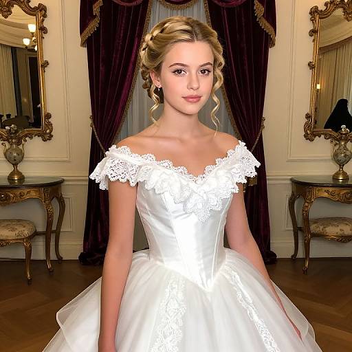 Photograph of a blonde woman with wavy hair in an off-shoulder, white lace wedding dress, standing in an elegant room with dark curtains