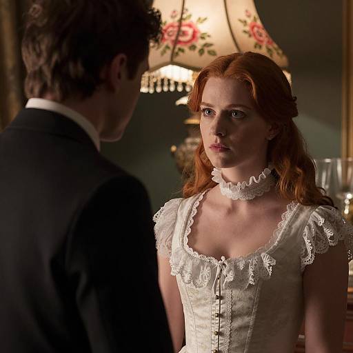 Woman in Vintage Lace Dress Facing Man