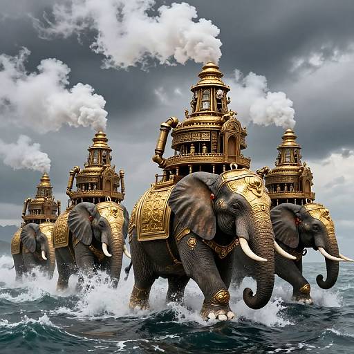 Photorealistic CGI: Four golden elephants with ornate temples on their backs, marching through turbulent ocean waves under a cloudy sky.