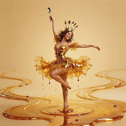 Photograph of a dancing woman in a golden, dripping dress, holding a spoon, standing on liquid splashes against a yellow backdrop.