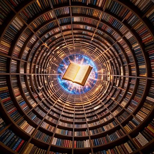 Photograph of a library's ceiling, featuring concentric circular shelves filled with colorful books, centered around a glowing, rectangular light fixture.