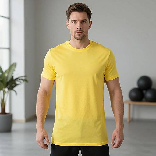 Photograph of a fit, brown-haired man with light stubble wearing a bright yellow t-shirt and black pants in a minimalist, sunlit room.