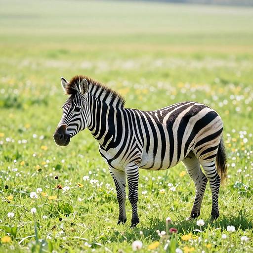 Photograph of a young zebra with striking black-and-white stripes standing in a sunlit, vibrant green grassy field dotted with white and yellow flowers