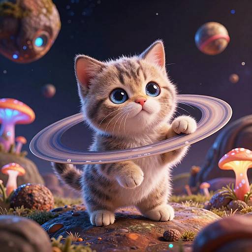 Digital artwork of a cute, fluffy, gray-striped kitten with large blue eyes, playfully holding a translucent ring in a vibrant, sci-fi forest with