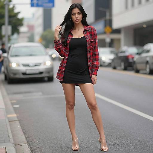 Confident Woman in Urban Plaid Style