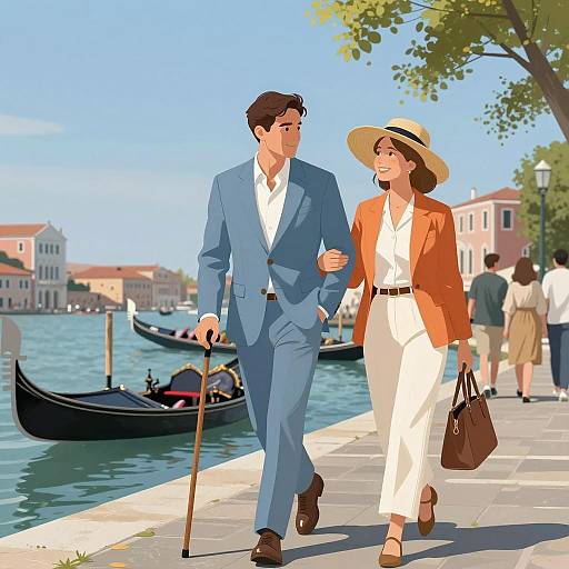 Couple Strolling Along Urban Waterfront