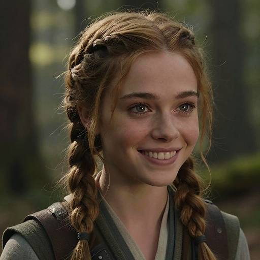Photograph of a young woman with fair skin, green eyes, and red braided hair, smiling in a forest setting, wearing a green vest.