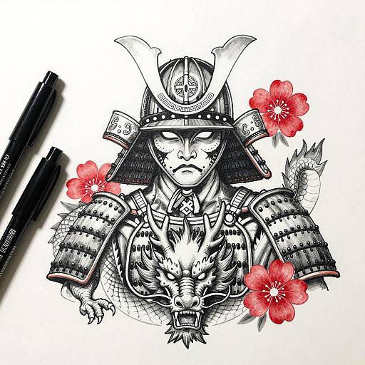 Intricate Samurai Helmet and Dragon Art