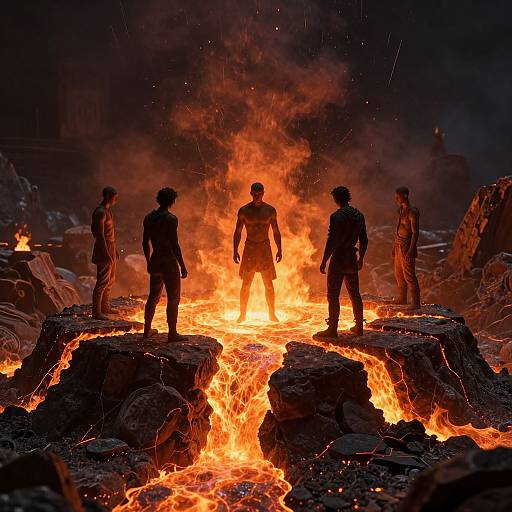Photograph of five silhouetted figures standing on rocky terrain with a fiery, molten lava river and bright orange flames in the background. Dark