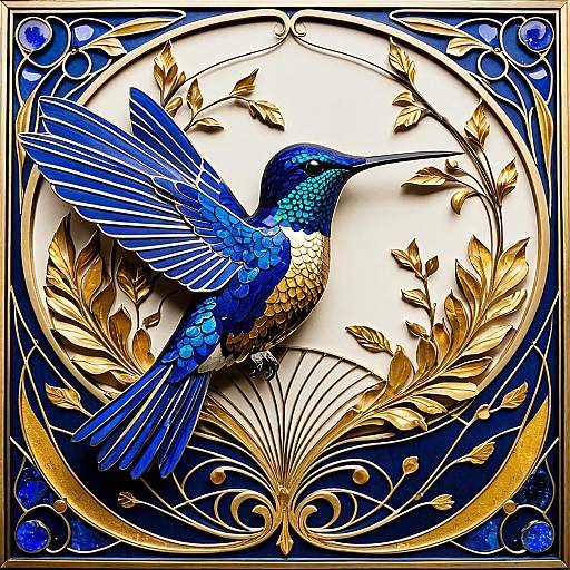 Art Nouveau Hummingbird with Gold Leaf and Lapis Lazuli
