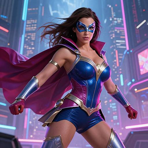CGI image of a muscular woman with long brown hair, wearing a blue and gold superhero costume, red gloves, mask, and cape, standing confidently