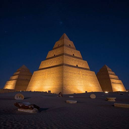 Photograph of the illuminated Great Pyramids at night, with golden lights highlighting their massive stone structures against a dark blue sky.