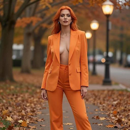 Confident Woman in Orange Suit in Autumn Park