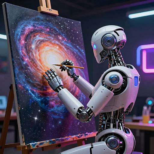 Photograph of a white humanoid robot painting a vibrant, colorful galaxy on a canvas in a neon-lit studio.