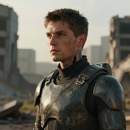 Digital artwork of a grim-faced, dirty, short-haired man in shiny, armored chest plate, standing in a ruined, sunlit cityscape.