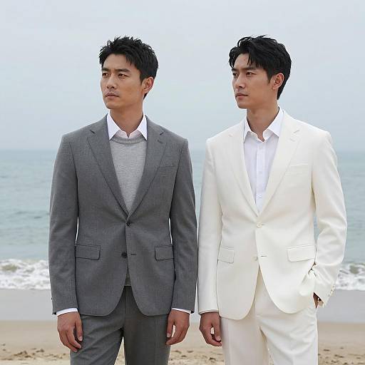 Two Men in Suits Standing on Beach