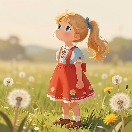 Young Girl in Red Floral Dress in Field