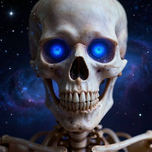 Digital artwork of a glowing blue-eyed skeletal head against a starry, cosmic background, showing detailed teeth and bones.