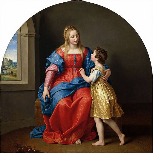 Renaissance painting of a young woman in red and blue dress, holding hands with a child in gold dress, beside a window.
