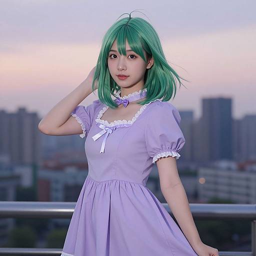 Photograph of an Asian woman with green hair, wearing a lavender, lace-trimmed, short-sleeve dress, standing on a rooftop at