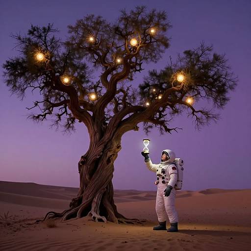 Photorealistic digital image of an astronaut in a white spacesuit, holding a light source, standing under a glowing, leafless tree in a purple