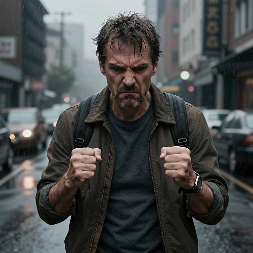 Photograph of a rugged, bearded man with wet, disheveled hair, fists clenched, in a rain-soaked urban street, wearing