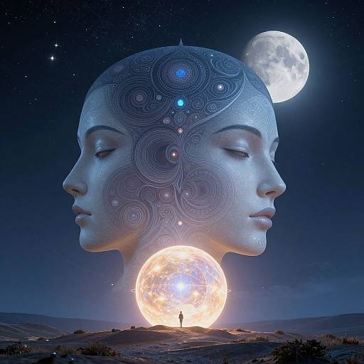 Digital art of a serene, ethereal woman's face with intricate patterns, floating above three glowing moons under a starry night sky. A small silhouette