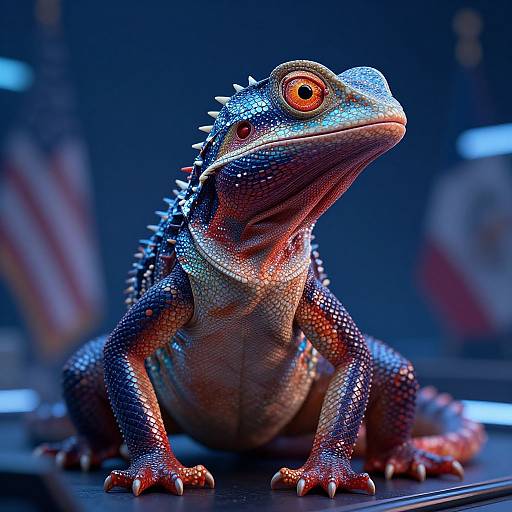 Photorealistic CGI of a vibrant, blue-spiked iguana with orange eyes, sitting on a dark, blue-lit surface, American flags