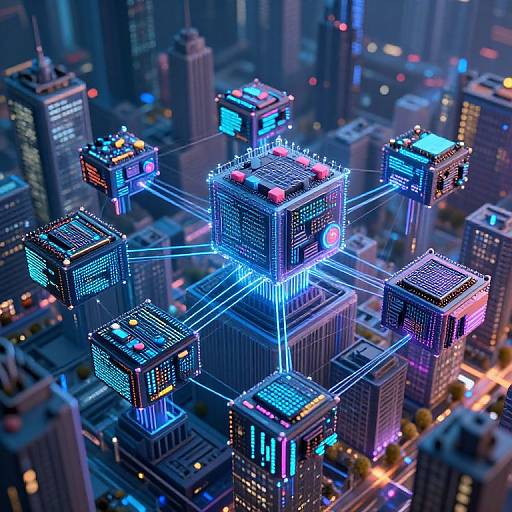 Digital artwork of a futuristic cityscape with neon-lit, cube-shaped skyscrapers connected by glowing blue wires, set against a dark, urban background