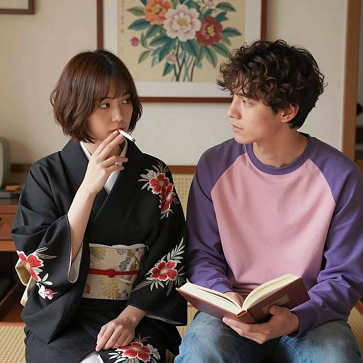 Couple Indoors with Woman Smoking and Man Reading