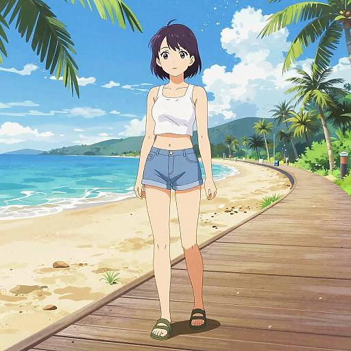 Vibrant Anime Woman on Beach Boardwalk