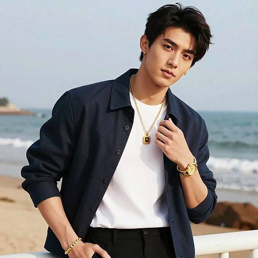 Stylish young man with gold accessories by the sea