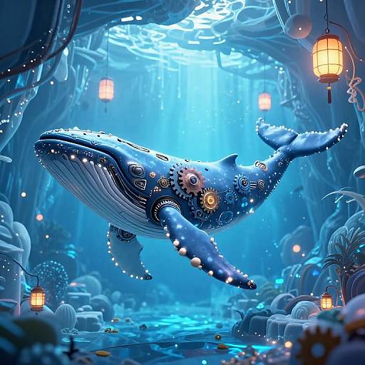 Cyberpunk Mechanical Whale in Icy Tunnel