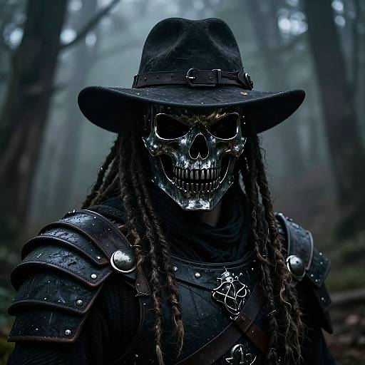 Photorealistic digital artwork of a skeletal figure with dreadlocks, wearing a black hat and armor, standing in a foggy forest.