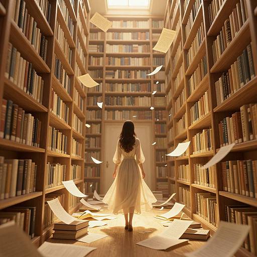 Photograph-style digital art: Woman in flowing white dress walks down library aisle, surrounded by floating papers, warm lighting, and towering bookshelves.
