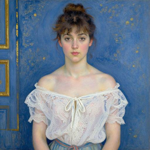 Photorealistic painting of a young woman with fair skin, brown hair in a bun, wearing an off-shoulder white lace blouse, against a