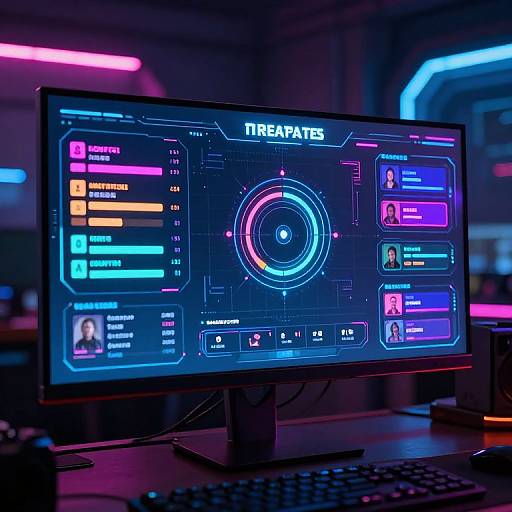 Photograph of a neon-lit gaming computer screen displaying 