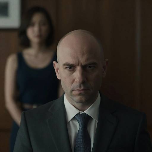 Serious Bald Man in Dimly Lit Setting