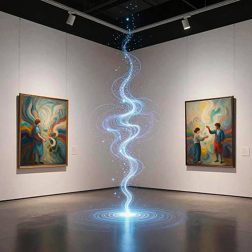 Modern art gallery with glowing blue spiral light installation between two impressionist paintings, illuminated by overhead lights.