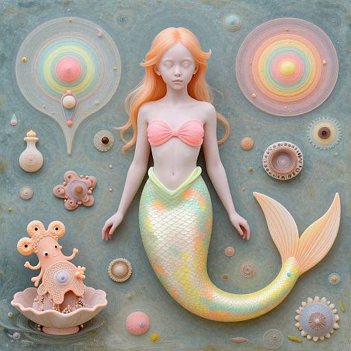 Digital art of a serene mermaid with orange hair, pink top, and yellow-green scales, surrounded by colorful sea creatures and orbs, floating in a