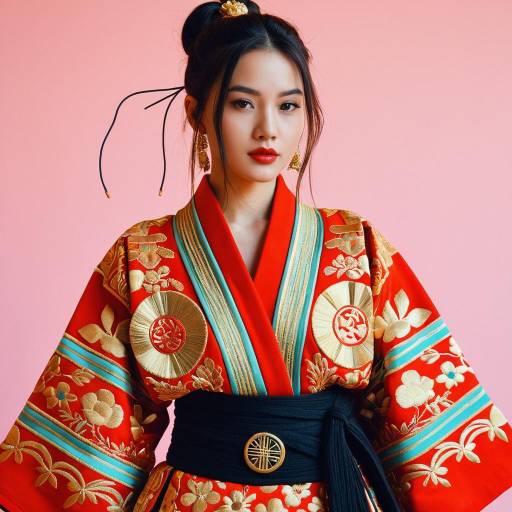 Woman in Embroidered Red and Gold Kimono