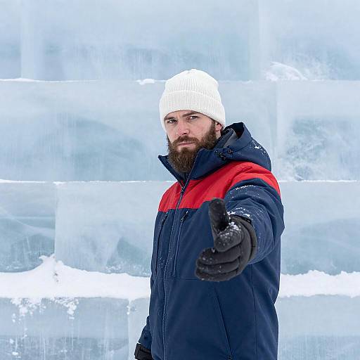 Serious Bearded Man Against Ice Wall
