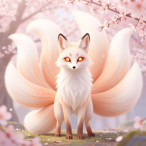 Digital artwork of a majestic white fox with nine glowing orange tails, standing amidst blooming pink cherry blossoms. Fox has intense yellow eyes and stands on