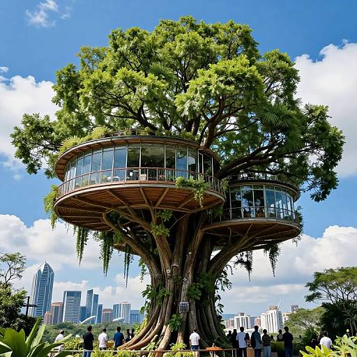 Photograph of a large, treehouse-style structure with glass balconies nestled in a lush tree, set against a vibrant blue sky and modern city skyline