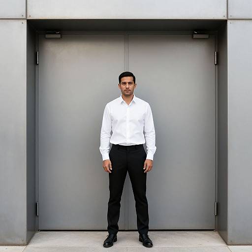 Photograph of a serious-looking man with short black hair, wearing a white dress shirt and black pants, standing in front of a grey metal door.